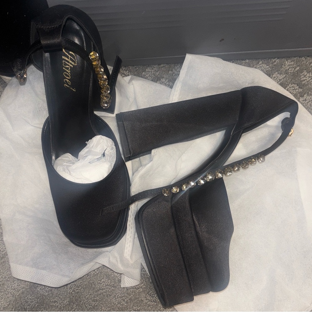 Versace Inspired Black Platform Heels with Gold Accents